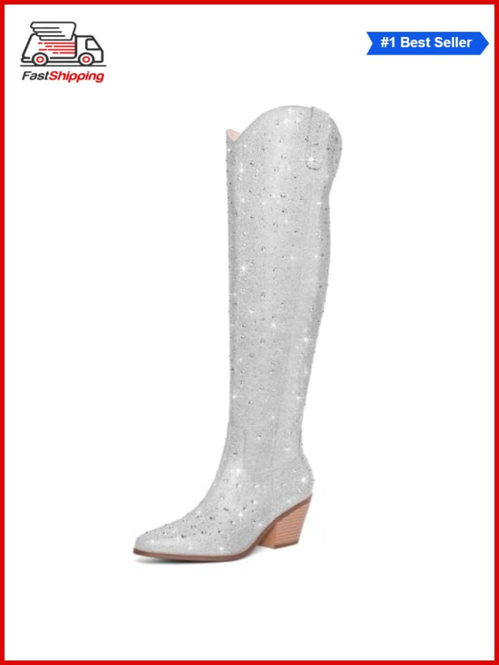 ✨ Rhinestone Over the Knee Cowboy Boots Chunky Heel Pull-On Women's Western